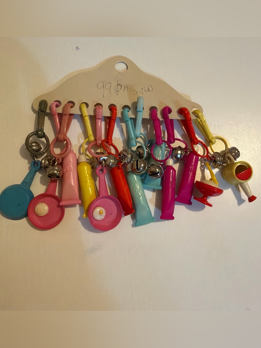 Vintage 80s Plastic Clip On Bell Charm Necklace12 Charms Assorted Made Taiwan